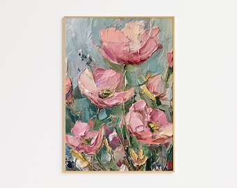 Pink Wildflower Wall Art Flower Oil Painting Digital Download Art Botanical Wall Decor Farmhouse Wall Art Abstract Flower Spring Print | 140