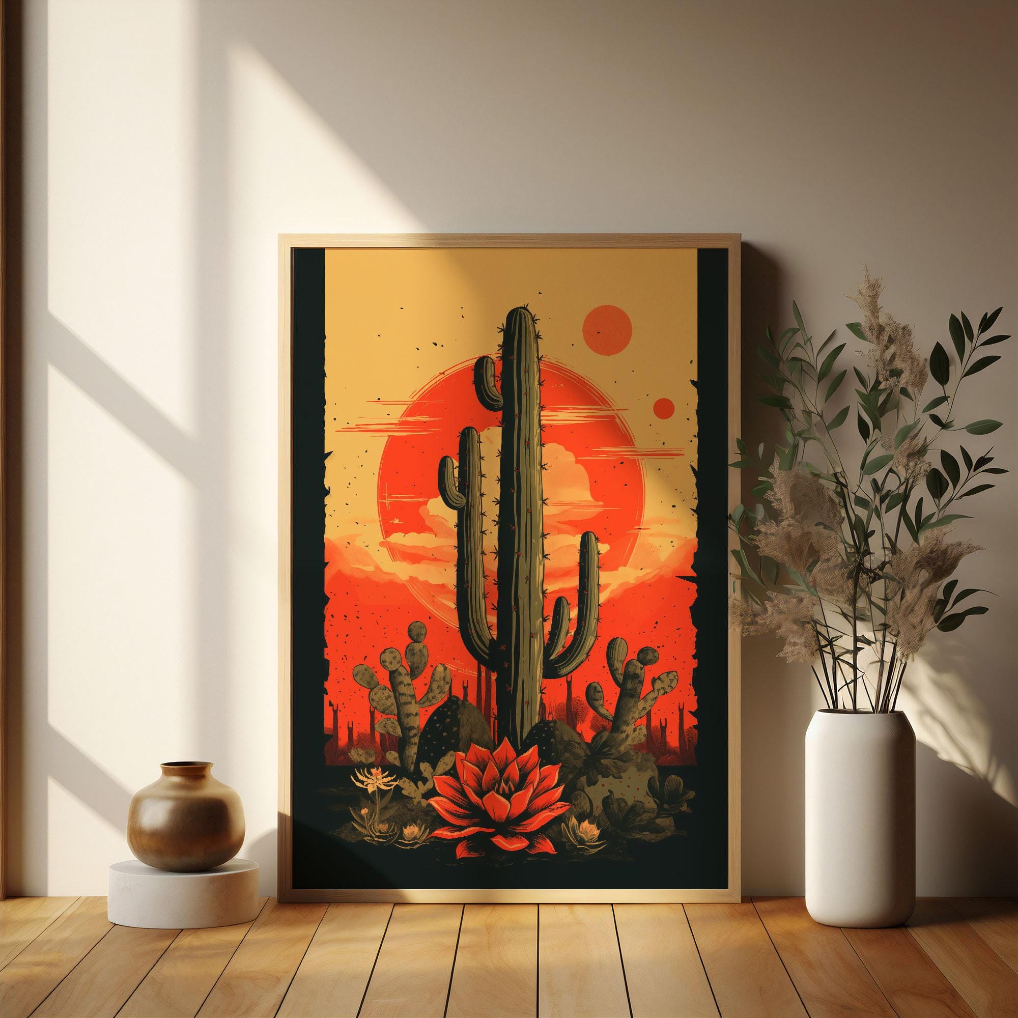 Retro Cactus Artwork Saguaro Cactus Digital Print Desert Wall Decor ...