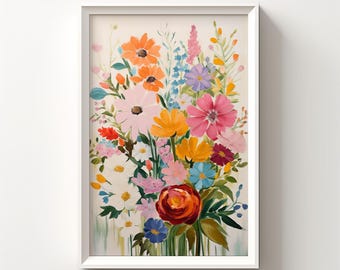 Bunte Blumenmalerei, Boho Botanische Kunst, Mitte des Jahrhunderts Blumen Wandkunst, Wildblumen Druck, Badezimmer Blumenmalerei, Blumenwohnheim Kunst, 080