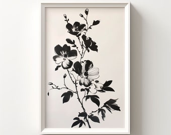 Black Flower Wall Art Floral Drawing Minimalist Flower Art Dark Floral Wall Art Black and White Flowers Digital Download 125