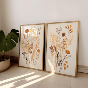 Juego de 2 piezas de arte de pared bohemio de color naranja quemado, decoración de pared con flores secas vintage para imprimir con motivos florales de los años 70, arte de pared minimalista, arte de pared para sala de estar / 158