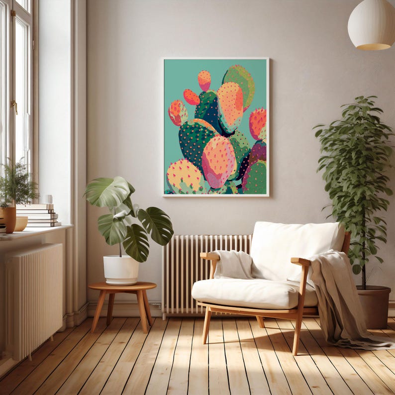 a living room with a chair and a painting on the wall