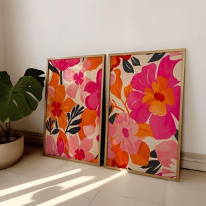 Impresión de flores abstractas de color rosa y naranja, póster de mercado de flores, juego de arte floral bohemio, decoración de pared para dormitorio con flores, arte de pared imprimible con flores de moda / 157