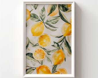 May include: A watercolor painting of lemons and leaves on a white background. The lemons are yellow and the leaves are green. The painting is framed in a white frame.