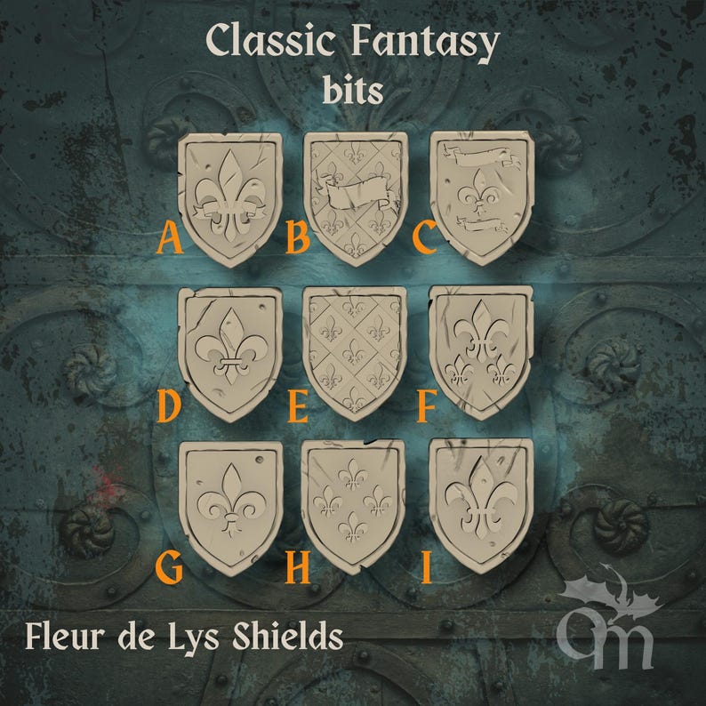May include: Nine beige fleur-de-lis shields with a distressed finish, labeled A through I, are arranged in a 3x3 grid. The text "Classic Fantasy bits" and "Fleur de Lys Shields" are at the top and bottom of the image, respectively.