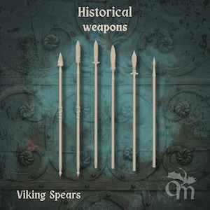 May include: An image of six Viking spears with various blade designs. The spears are arranged vertically against a teal background with the words "Historical weapons" and "Viking Spears" in white text. The spears are a light beige color.
