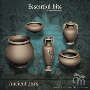 May include: A set of four brown ceramic jars, including a wide-mouthed jar, a tall jar with a crack, a round jar with a wide opening, and a narrow-mouthed jar with two handles. The jars are on a blue and green background with the text "Essential bits by Olaf Miniatures" and "Ancient Jars".
