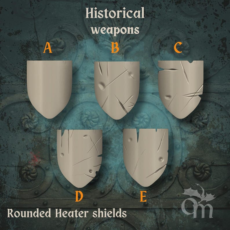 May include: Five beige rounded heater shields, each with different damage patterns. The shields are labelled A to E. Text reads "Historical weapons" above and "Rounded Heater shields" below the shields. The background is a dark, ornate design.
