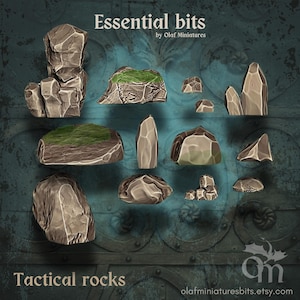 May include: A set of 12 grey and brown rock miniatures for tabletop gaming. The rocks are various shapes and sizes, including tall, flat, and round. The rocks are painted with a realistic texture and some have green moss on top. The rocks are labelled "Tactical Rocks" and are part of the "Essential Bits" collection by Olaf Miniatures.