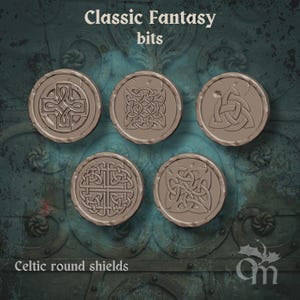 May include: Five circular Celtic round shields with detailed knotwork patterns. The shields have a metallic, aged look. The image includes the text "Classic Fantasy bits" and "Celtic round shields".