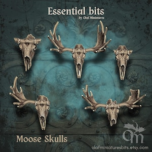 Könnte beinhalten: Fünf Miniatur-Elchschädel mit Geweih, in einem braunen und weißen Farbschema bemalt. Die Schädel sind auf einem blauen und grünen Hintergrund angeordnet, mit dem Text "Essential bits by Olaf Miniatures" und "Moose Skulls" oben und unten im Bild.