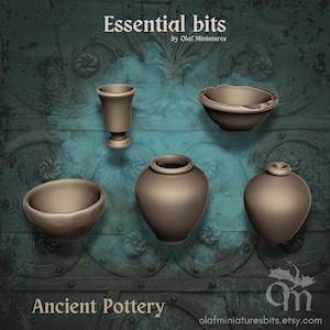 May include: A collection of five brown pottery pieces, including a small cup, a bowl, a large jar, a smaller jar, and a wide bowl. The pottery is all in a rustic style, with a rough, textured surface. The image is titled "Essential bits by Olaf Miniatures" and "Ancient Pottery".
