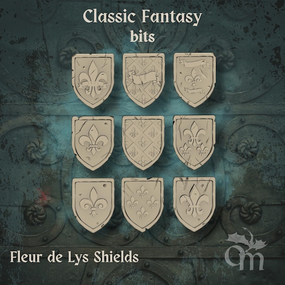 Shields with fleur de lys- set of 18 or singles (32mm / 1:54 scale)
