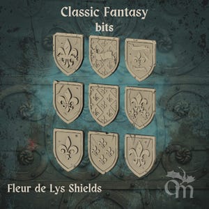May include: Nine beige Fleur de Lys shields with a distressed, aged appearance. The shields are arranged in three rows of three. The text "Classic Fantasy bits" and "Fleur de Lys Shields" are at the top and bottom of the image.