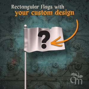 Op de afbeelding: Een witte rechthoekige vlag met een zwart vraagteken. De vlag staat op een zilveren paal. De tekst "Rectangular Flags with your custom design" is zichtbaar. De achtergrond is een getextureerd, blauwgroen oppervlak.