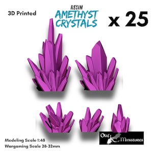 May include: A set of 25 3D printed resin amethyst crystals in various sizes. The crystals are a vibrant purple color and are perfect for adding a touch of fantasy to your tabletop gaming or miniature projects.  RESIN AMETHYST CRYSTALS x 25. Modeling Scale 1:48 Wargaming Scale 28-32mm.