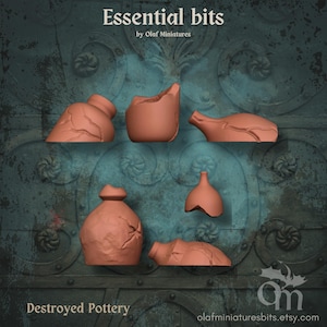May include: A collection of miniature, destroyed pottery pieces in various shapes and sizes. The pieces are a terracotta color and appear to be broken fragments of vases and other vessels. The text "Essential bits" and "Destroyed Pottery" are visible.