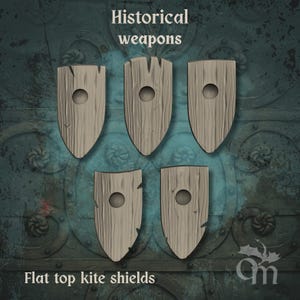 May include: Five wooden flat top kite shields with a weathered appearance. Each shield has a central circular hole and a textured wood grain. The image includes the text "Historical weapons" and "Flat top kite shields".