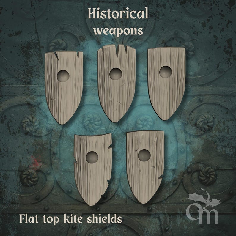 May include: Five wooden flat top kite shields with a weathered appearance. Each shield has a central circular hole and a textured wood grain. The image includes the text "Historical weapons" and "Flat top kite shields".