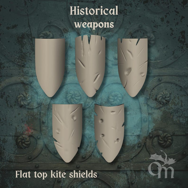 May include: Five beige flat-top kite shields with varying degrees of damage. The shields are arranged in a group, with the text "Historical weapons" and "Flat top kite shields" displayed above and below the shields, respectively.