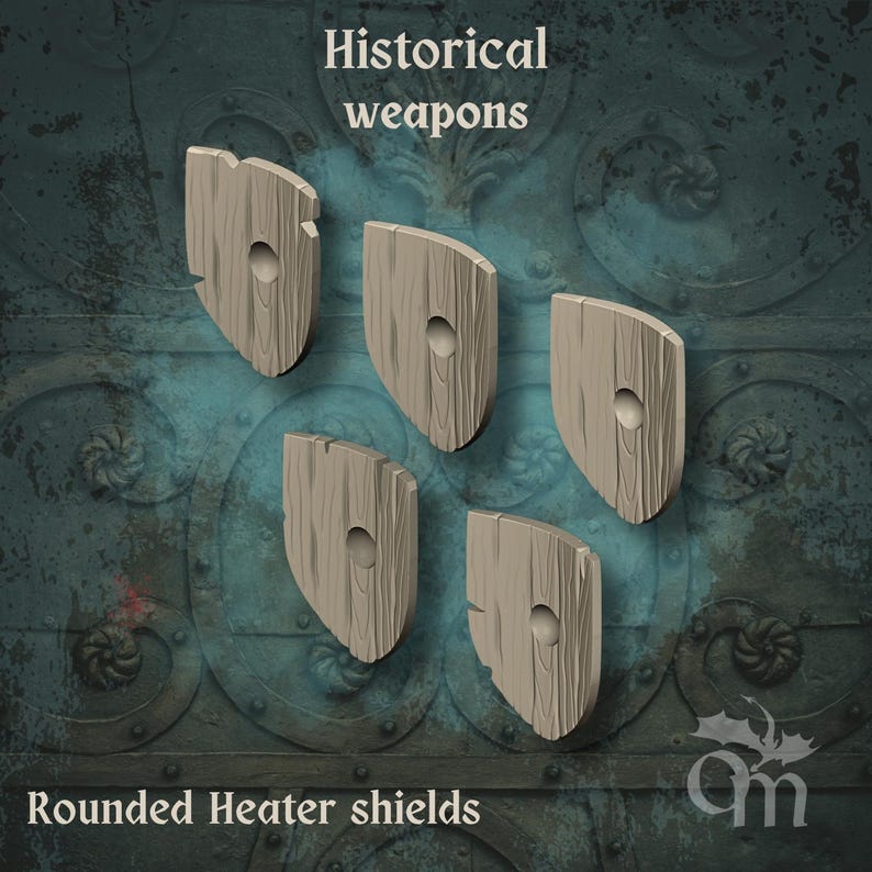 May include: Five wooden rounded heater shields with a central hole, set against a textured backdrop. The shields have a distressed, weathered look. The image includes the text "Historical weapons" and "Rounded Heater shields".