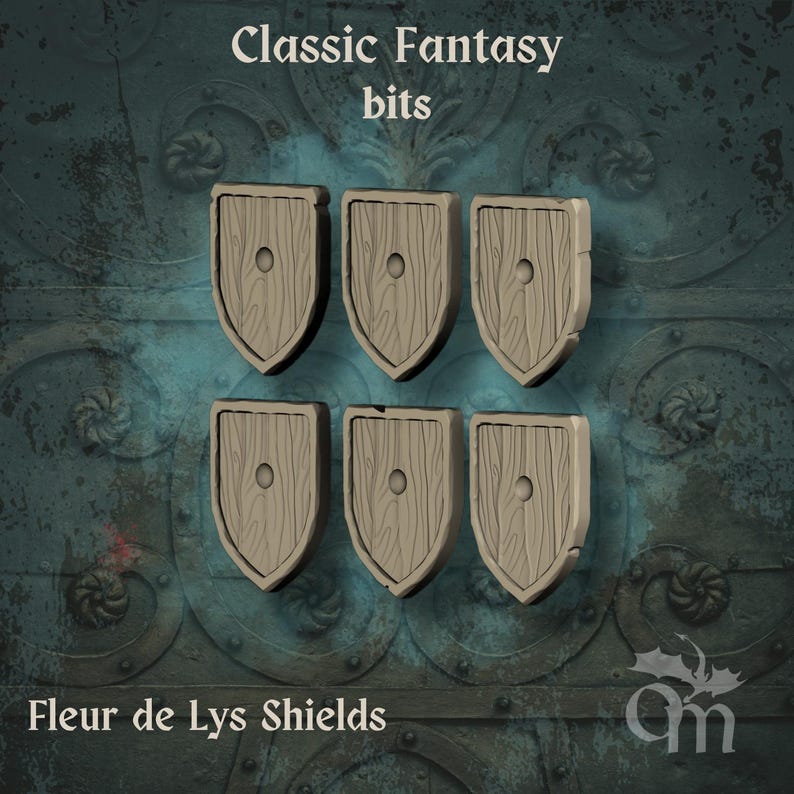 May include: Six light brown Fleur de Lys shields with a wood grain design. Each shield has a central circular detail. The text "Classic Fantasy bits" and "Fleur de Lys Shields" are visible in the image.