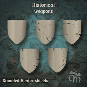 May include: Five beige rounded heater shields with different damage patterns. The shields are shown against a dark backdrop. The image includes the text "Historical weapons" and "Rounded Heater shields" at the top and bottom.