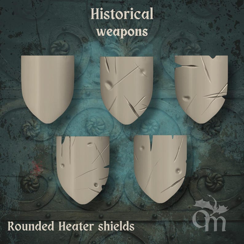 May include: Five beige rounded heater shields with different damage patterns. The shields are shown against a dark backdrop. The image includes the text "Historical weapons" and "Rounded Heater shields" at the top and bottom.
