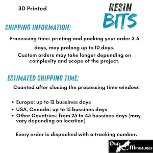 May include: Text on a white background reads "3D Printed" and "RESIN BITS". Below, "SHIPPING INFORMATION" details processing and shipping times. "ESTIMATED SHIPPING TIME" is listed for Europe, USA/Canada, and other countries. The logo for Olaf Miniatures is in the bottom right.