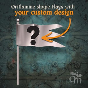 May include: A silver oriflamme flag featuring a black question mark. The flag is mounted on a pole with a silver finial. The image includes the text "Oriflamme shape Flags with your custom design".