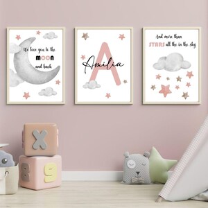 Custom Nursery Wall Art Set – Personalized Name & Color | Moon and Stars Printables for Baby Girl Room, Kids Decor n Gifts , Custom Decor