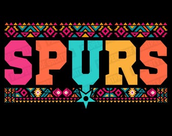 May include: A black graphic design with the word "SPURS" in large, colorful letters. The letters are pink, orange, and teal. The design includes decorative patterns and a star, with the text "I CAN ALSO CREATE A PERSONALIZED DESIGN" at the bottom.