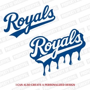 May include: Two graphic designs featuring the word Royals in a blue script font. The top design is a standard script, while the bottom design features a white outline and a blue dripping paint effect extending from the bottom of the lettering.