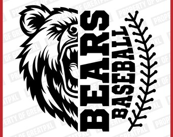 Pode incluir: Design gráfico preto e branco com a cabeça de um urso e o texto "BEARS BASEBALL".
