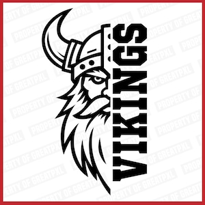 May include: Black and white illustration of a Viking warrior's head with a horned helmet, with the word "VIKINGS" written vertically down the right side of the image.