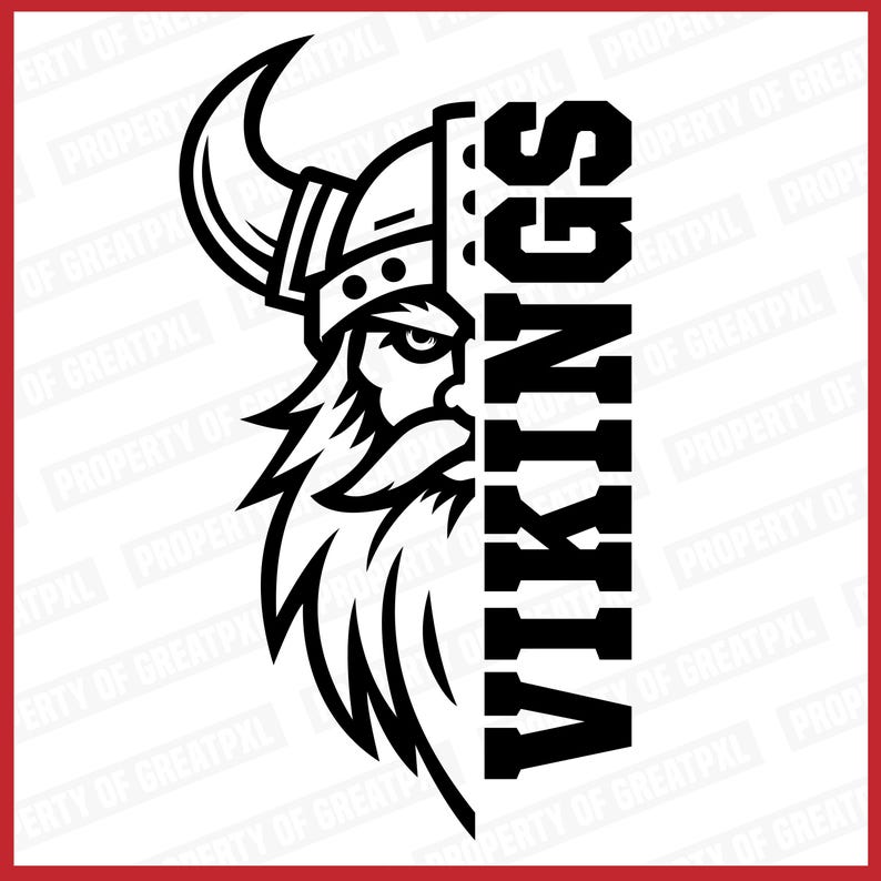 May include: Black and white illustration of a Viking warrior's head with a horned helmet, with the word "VIKINGS" written vertically down the right side of the image.