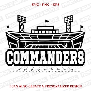 May include: A black and white graphic design featuring a football stadium with two tall light towers and flags. Below the stadium, the word COMMANDERS is written in bold, block letters, followed by a football field yard line graphic.