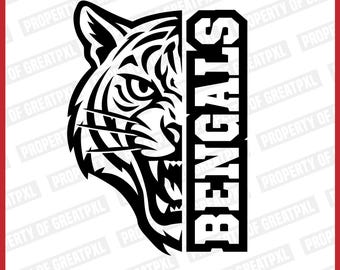 May include: A black and white graphic design featuring a tiger's face on the left and the word "BENGALS" in a vertical, blocky font on the right. The text "I CAN ALSO CREATE A PERSONALIZED DESIGN" is at the bottom.
