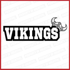Può includere: Grafica in bianco e nero della parola "VIKINGS" con un elmo vichingo in bianco e nero con corna sopra la parola.