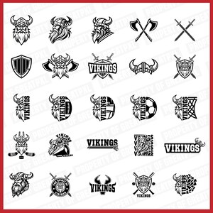 May include: A set of 20 black and white vector illustrations of Viking-themed logos. The logos feature helmets, axes, swords, shields, and the word "Vikings".