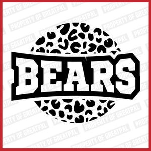 May include: Black and white graphic design of a leopard print circle with the word "BEARS" in white letters.