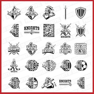Puede incluir: Una colección de 20 ilustraciones vectoriales en blanco y negro de caballeros, espadas, escudos y la palabra "Caballeros". Las ilustraciones son de varios estilos e incluyen imágenes relacionadas con el deporte.