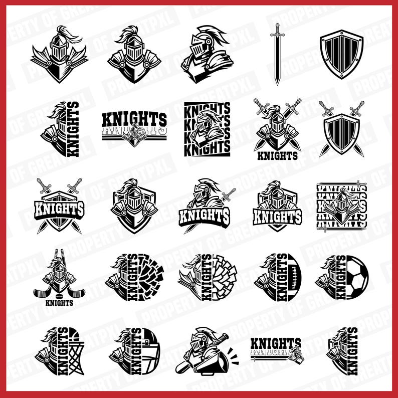 Op de afbeelding: Een verzameling van 20 zwart-witte vectorillustraties van ridders, zwaarden, schilden en het woord "Knights". De illustraties zijn in verschillende stijlen en bevatten sportgerelateerde afbeeldingen.