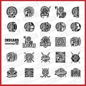 Könnte beinhalten: Ein Satz von 25 Schwarzweiß-Vektorillustrationen von Sportteam-Logos im indianischen Stil. Die Logos zeigen verschiedene Designs, darunter Kopfbedeckungen, Federn, Tomahawks und Sportgeräte wie Basketbälle, Fußbälle und Hockeyschläger. Der Text "Indians" erscheint in vielen der Logos.