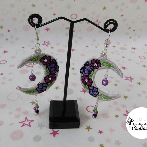 Boucles d'oreilles pendantes Luna en broderie dentelle bijoux femme lune avec fleurs et strass