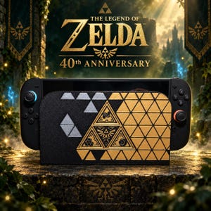 Könnte beinhalten: Eine schwarze Spielekonsolen-Dockingstation mit einem goldenen und schwarzen geometrischen Triforce-Design auf der Vorderseite. Die Station wird von schwarzen Controllern mit blauen und orangefarbenen Akzenten flankiert. Text lautet The Legend of Zelda 40th Anniversary.