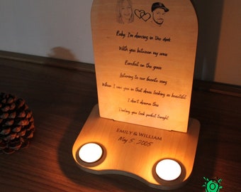Personalized Lyric Art on Wood - Unique Photo & Poem Engraving - Perfect Anniversary or Wedding Gift with Candle Holder