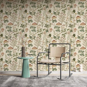 Vintage Botanical Wallpaper, Mushroom Wallpaper Peel And Stick, Floral With Butterfly Wallpaper Mural, Soft Botanical Wall Mural, Beige Deco