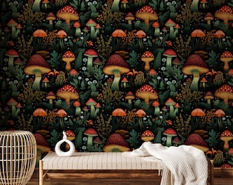 Mushroom Wallpaper Peel and Stick, Botanical Wallpaper, Botanical Secret Garden Peel and Stick Wallpaper,Vintage Mushroom Wallpaper