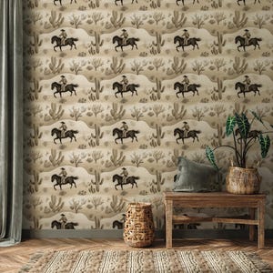 Carta da parati beige retrò e antica, carta da parati vintage stacca e attacca con cavalli, cowboy e cactus, carta da parati boho, carta da parati rimovibile